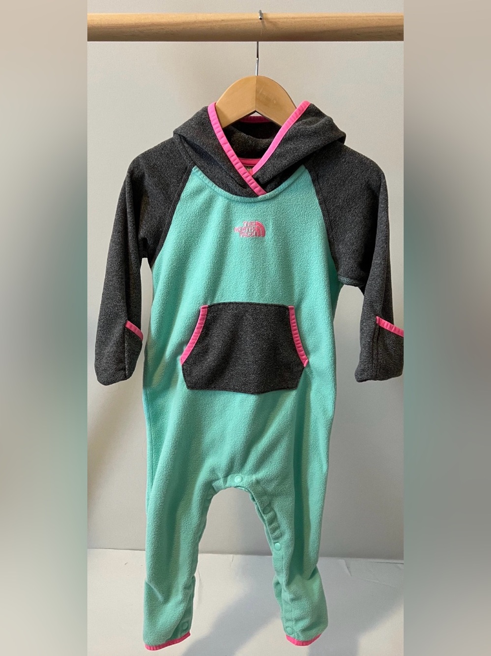 The North Face Mint & Charcoal Hooded Fleece One-Piece with Pink Accents 12-18M